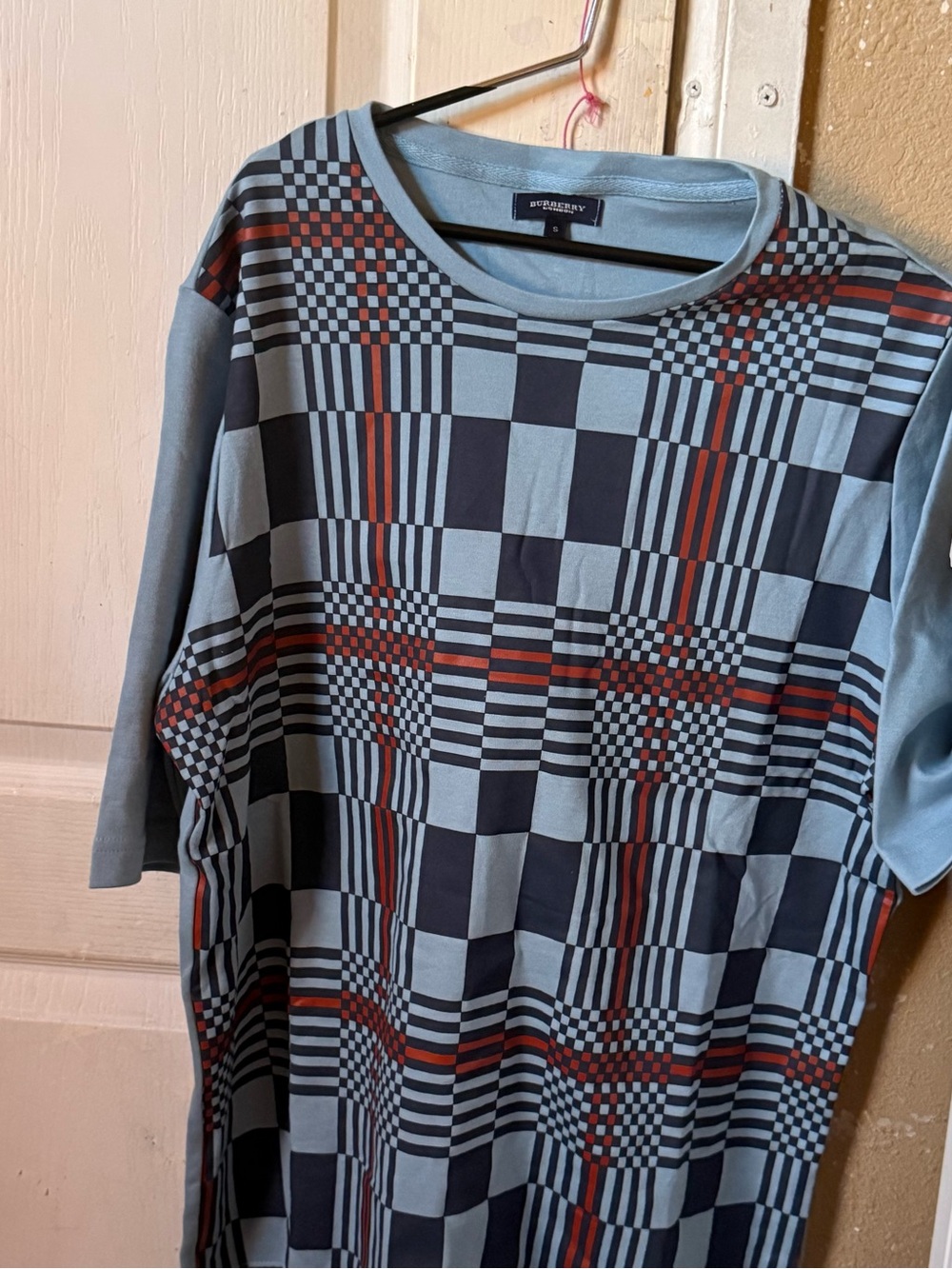 Burberry Light Blue & Black Check Plaid Short Sleeve Tee with Red Accents